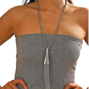 Silver Y Lariat Necklace, Multi-strand, Tassel, Chain Link Statement, Boho
